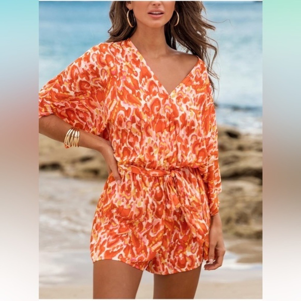 Women's Lace Up Leopard Print Romper Short Sleeves Jumpsuits‎ Wide leg Outfit L